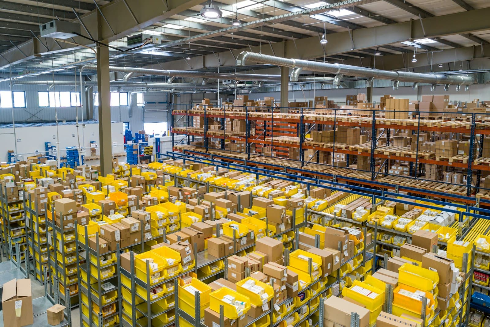 Organised fulfilment warehouse with inventory shelving